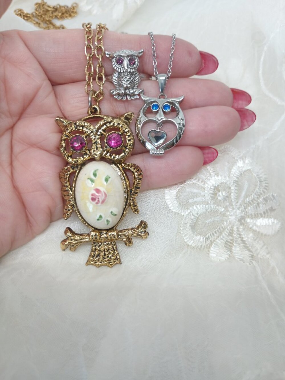 Owl lot~Pink Rhinestone Jelly Belly Necklace,Sarah Cov Ring, Blue Eyed Steel Owl - Picture 3 of 11